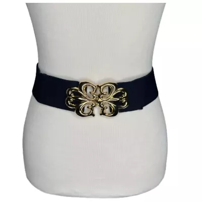 £17.87 • Buy Vtg Nurses Belt Blue Stretch Wide Elastic Waist Belt M Gold Buckle 80s Disco