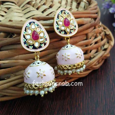 Indian Bollywood Style Small Pink Beige Meenakari Jhumka Earring • $17.95