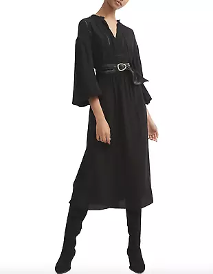 Witchery NWT Women Trim Maxi Dress Size 8 Black Long Blouson Sleeve Lace & Braid • $119