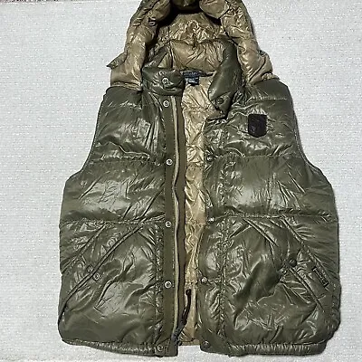 Vtg Mens M Polo Ralph Lauren Vest Down Puffer Patch Crest Hooded Green Clean • $127