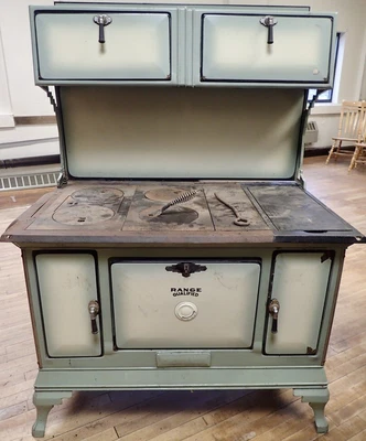 $1210.95 • Buy Old Country Farmhouse Beige & Green Enameled Wood Cook Stove Range Qualified 