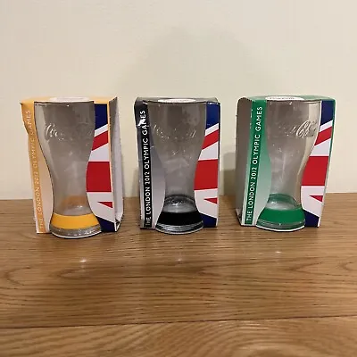 3 X Coca Cola Glasses McDonalds London 2012 Olympic Games Yellow Black Green NEW • £10.50