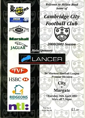 Match Day Programme CAMBRIDGE CITY V MARGATE Season 2000- 01 • £4.73