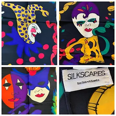 Silkscapes 100% Silk Hand-Painted Scarf Mardi Gras Faces 63” X 12” • $25