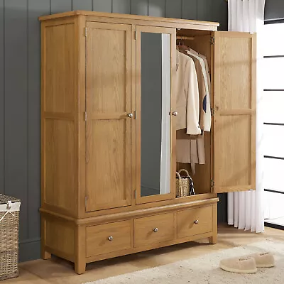 Cotswold Rustic Smoked Oak Triple 3 Door Mirrored Wardrobe With 3 Drawers • £949