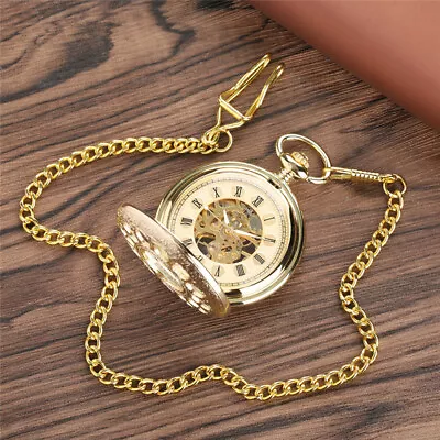 Mens Mechanical Pocket Watch Half Hunter Antique Style Silver/Golden With Chain • $15.89