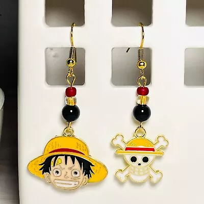 LUFFY & CROSSBONES * One Piece Anime Handmade Beaded Hook Dangle Enamel Earrings • $10.95