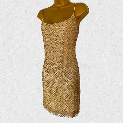 Gold Bead Spaghetti Strap Dress Y2k- Marilyn Monroe Size S Vintage Style Glamour • £37.50