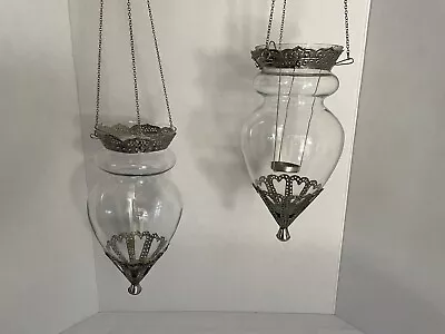 Hanging Clear Glass/silver Moroccan Style Lantern Set Of 2 • $49.95