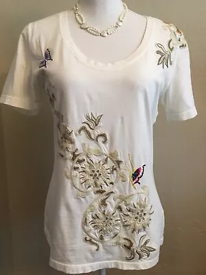 Johnny Was JWLA Cream Scoop Neck Butterfly Embroidered Cotton Blouse. Sz M. • $29