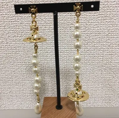 Vivienne Westwood Long Pearl Earrings Gold White Orb Drop Outlet Authentic • $109.98