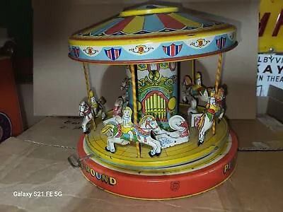 Vintage Chein Tin Wind Up Playland Merry Go Round Carousel Complete  • $129.99