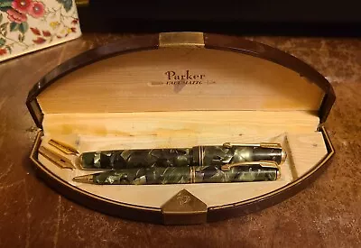 VTG Green Marble Pearl Parker Vacumatic Fountain Pen And Pencil Set W Box • $149.99