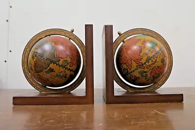 Vintage Old World Globe Bookends - Spinning Rotating Wood - Made In Italy 1970s • $27.99