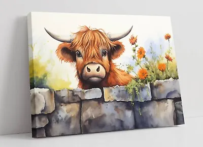 Cute Highland Cow Behind Wall Home Decor Canvas Wall Artwork Picture Print • £14.99