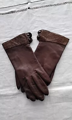 Vintage Leather Gloves Antron Lining Reptile Trim Size 7 1/2 Chocolate Brown • $20