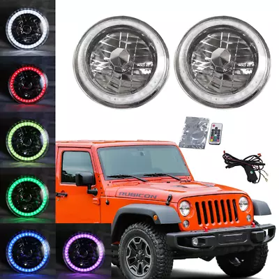 For Jeep Wrangler JK LJ TJ CJ  7  Inch RGB Angle Eyes Halo LED Headlights Pair • $39.99