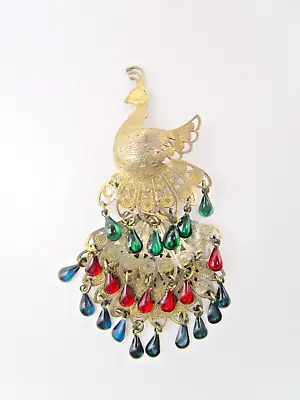 Vintage Peacock Bird Brooch Pin Multicolor Accented With Beads That Dangle • $9.77