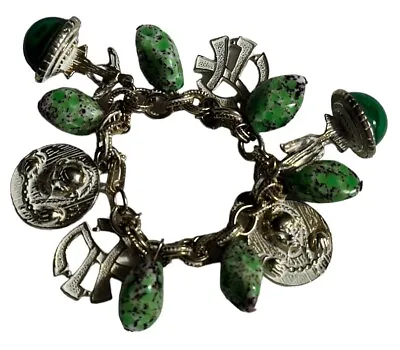 Vintage Chunky Asian Theme Charm Bracelet With Green Stones ?? • $25