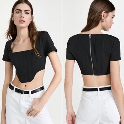 $175 • Buy NWT STAUD Peony Short Sleeve Cropped Corset Top Black Size 0