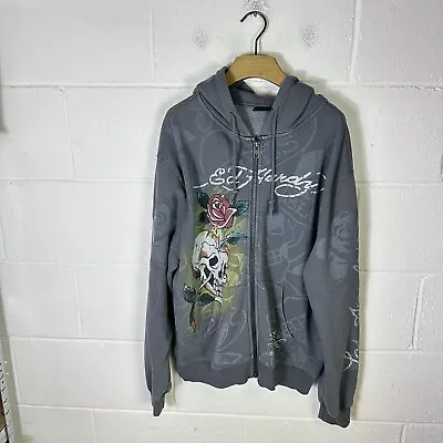 Ed Hardy Urban Outfitters Hoodie Mens Small Grey Skull Zip Up Y2K Tattoo Retro • £53.95