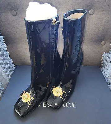 AUTHENTIC VERSACE Black Patent Leather Boots Gold Medusa - NIB - Size 35 RARE • $800