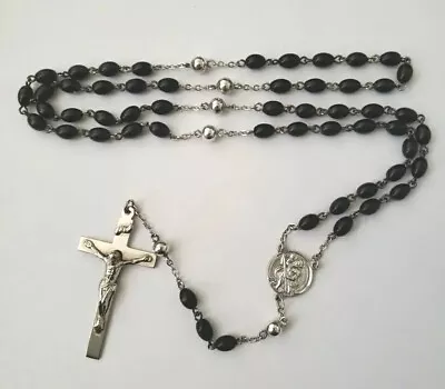 Vtg AFCO Sterling Silver Rosary Blk Bakelite Beads St Christopher Medal Crucifix • $24.98