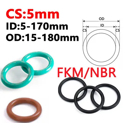 O-Ring FKM / NBR O Rings Sealing Metric Cross Section 5mm ID 5-170mm OD 15-180mm • £1.85