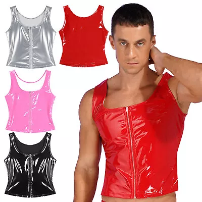 Mens Shirts Pvc Leather Tank Vest Stage Tops Solid Color Clubwear Bodycon Slim • £9.59