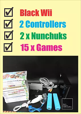 Black Nintendo Wii Console 15 Games 2 Controllers & NunchuksFree Post (14274) • $99.95