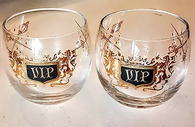 VIP Roly Poly Cocktail Glass LOT 22K Gold Swords Lion Royal Crest Black Barware • $19.93