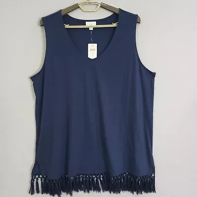 J Jill Sleeveless Tunic Top Shirt Cotton Linen With Fringe Plus Size 2X Blue • $25.88