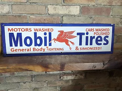 Large Vintage Mobil Tires Porcelain Gas Station Car Washed Tire Sign 30  X 8.5  • $309.99