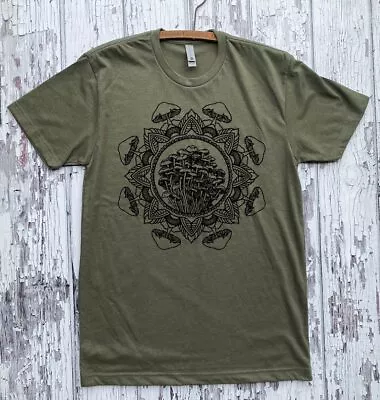 Unisex MUSHROOM MANDALA Shirt Psychedelic Tattoo Style Sacred Geometry Shrooms • $19.18