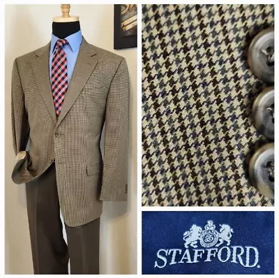 Stafford Houndstooth Blazer Sport Coat Mens 44R Tan Brown 2 Button Casual Jacket • $54.99