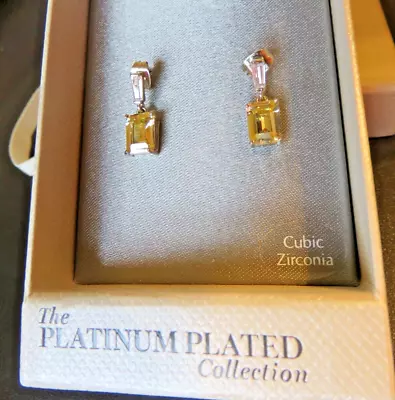 M&S Earrings The Platinum Plated Collection CZ Oblong Pale Yellow & Clear Stones • £13.50