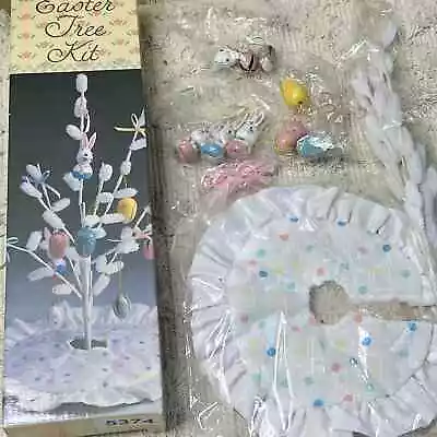 Vintage 90s Easter Tree Kit Bows Wooden Eggs Bunnies Ornaments Tree Skirt • $15