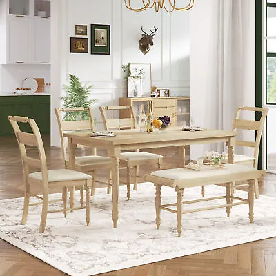 6PCS Retro Wooden Dining Set Kitchen Table With Upholstered Chairs Bench Natural • $774.99