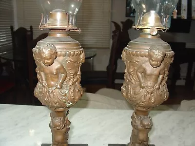 Antique Spelter Metal Cherub Putti Angel Whale Oil Wick Lamp Pair Glass Shade • $750