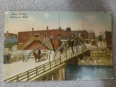 Vintage SWING Bridge Cheboygan River Michigan MI Horse Wagon Postcard Canceled • $12.99