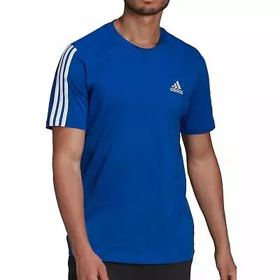 Adidas Mens AeroReady 3 Stripe Top Running Short Sleeve Sports Training Tee Blue • £13.95