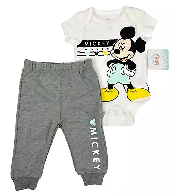 Mickey Mouse Disney Baby Outfit Size 3-6 Months Body Suit Sweat Pants Gray White • $19.98