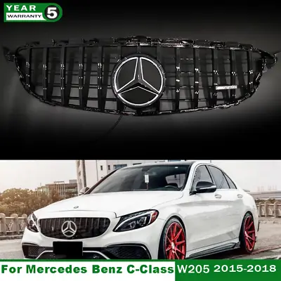 Black GTR Grille W/LED Emblem For Mercedes Benz W205 C300 C350 C43 AMG 2015-2018 • $141.33