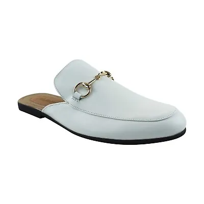Men WHITE Real Leather Backless Slip On Mule Gold Buckle Loafers Shoes AZARMAN • $59