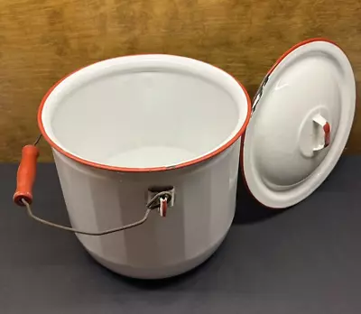 Vintage Ribbed White & Red Trim Enameled Pot With Folding Wood Handle 9  X 10  • $40