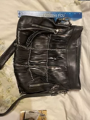 B. Makowsky Black Leather Hand Bag Purse Tote Leather Chain A401 • $36.99