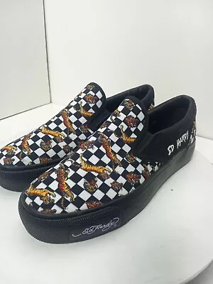 Ed Hardy Slip On Poppy Tiger Canvas Shoes Womens Sz 7.5 Checkerboard White Black • $49.99