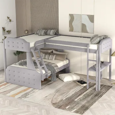 Upholstered Triple Bunk Bed Heavy Duty L-Shaped Loft Bed W/ Desk Velvet Bedframe • $565.59