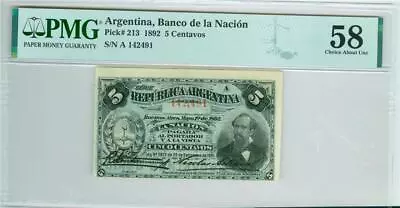 Argentina Banco De La Nacion 1892 5 Centavos P-213 PMG AU-58 • $79.95