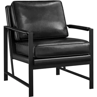 Retro Accent Chair Faux Leather Lounge Chair Reading Arm Chair Living Room Black • $97.99